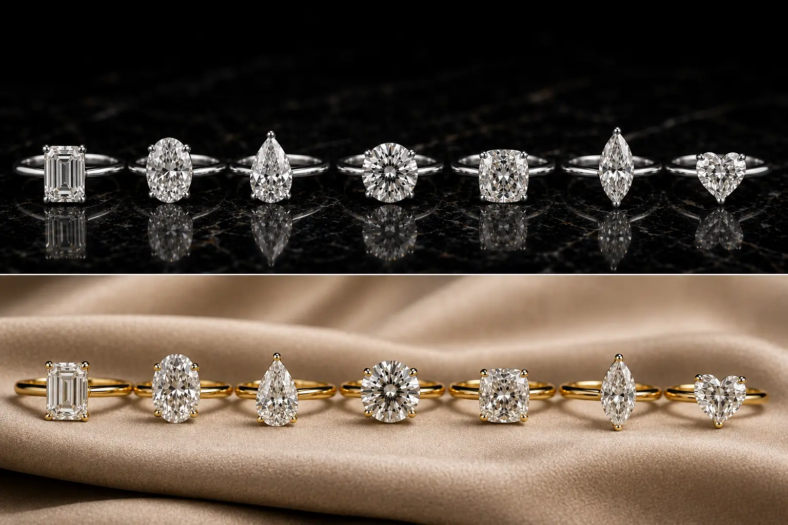 Emerald-cut diamond trilogy ring with baguette side stones in yellow gold